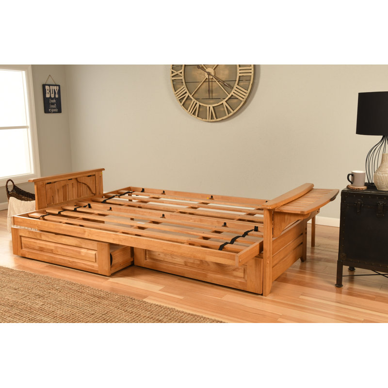 Futon avec rangement Stratford, Microsuède noir, Innerspring, Noyer cendré