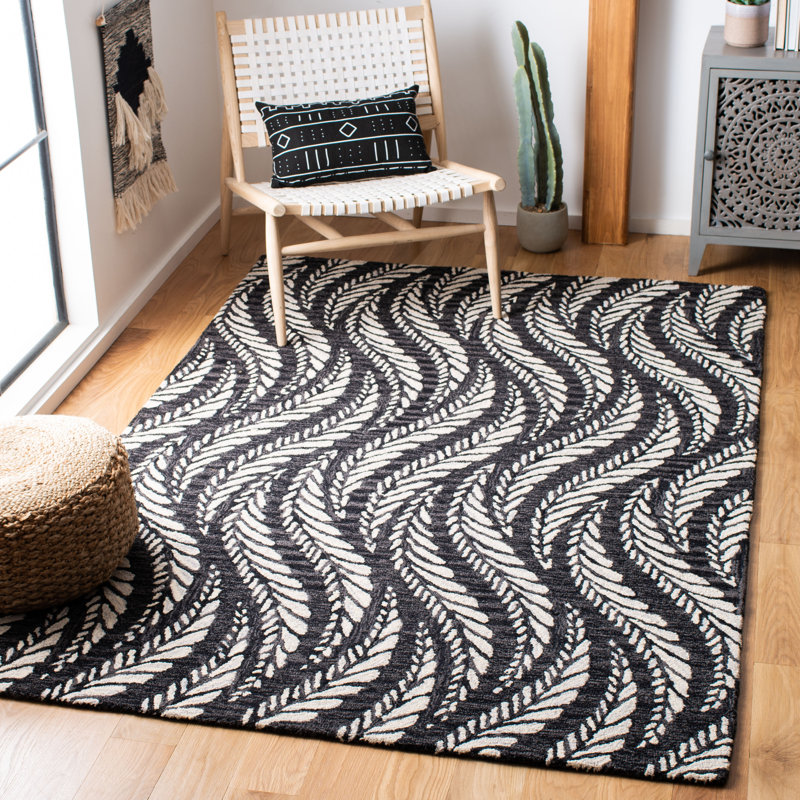 Kahlo Hand Tufted Wool/Cotton Floral Rug in Charcoal/Ivory, Rectangle 8' x 10'
