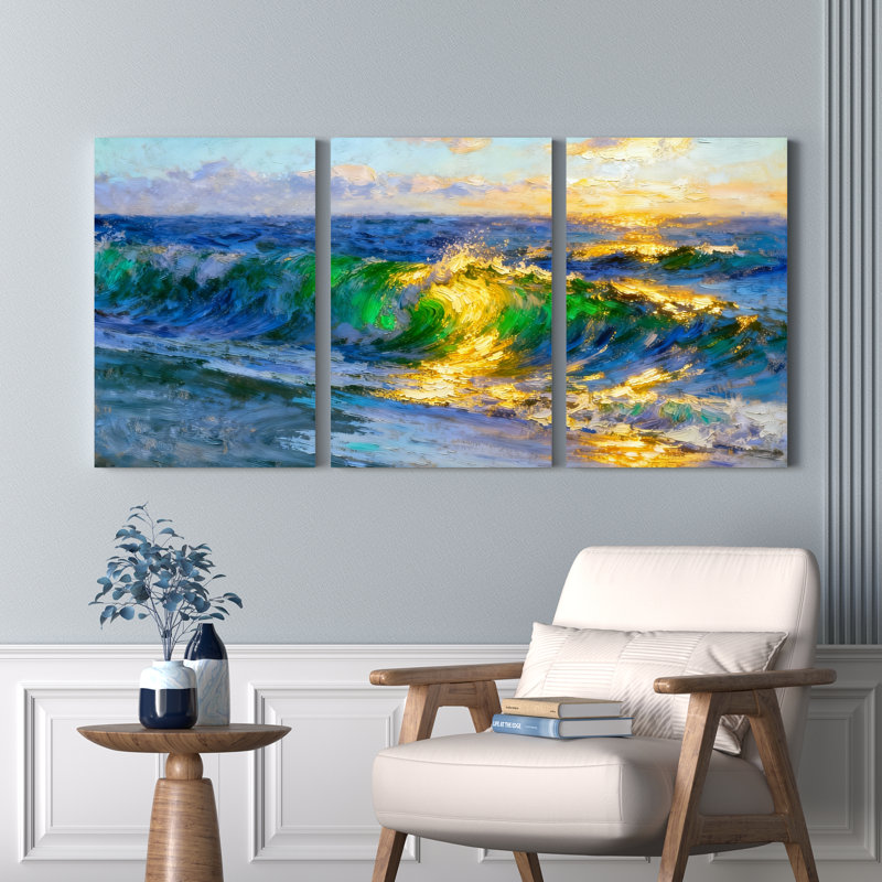 Ensemble de 3 tableaux muraux sur toile représentant des vagues au coucher du soleil, H 18 po x l 36 po