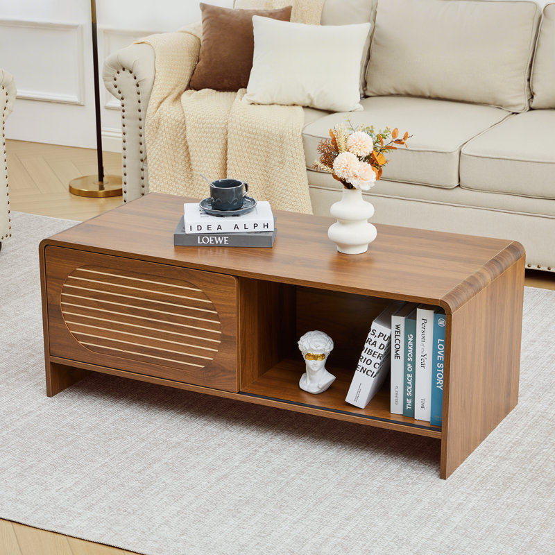 Table basse 43,3 po de style Mid-Century rectangulaire moderne avec rangement et porte coulissante