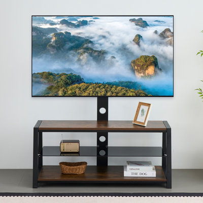 Wooden Storage TV Stand Black Tempered Glass Height Adjustable Universal Swivel Entertainment Center With Mount TV Stand