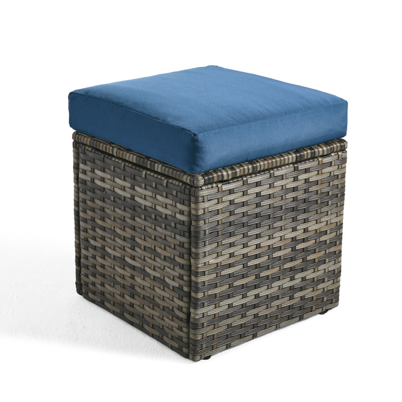 Stylish PE Wicker Square Outdoor Patio Ottoman, Gray, Blue