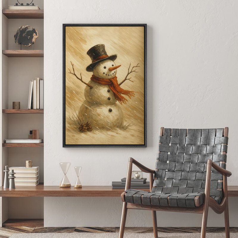«Snowman with Hat and Red Scarf in Winter Snow Scene», reproduction d'art sur toile encadrée dans la chambre principale, Noir