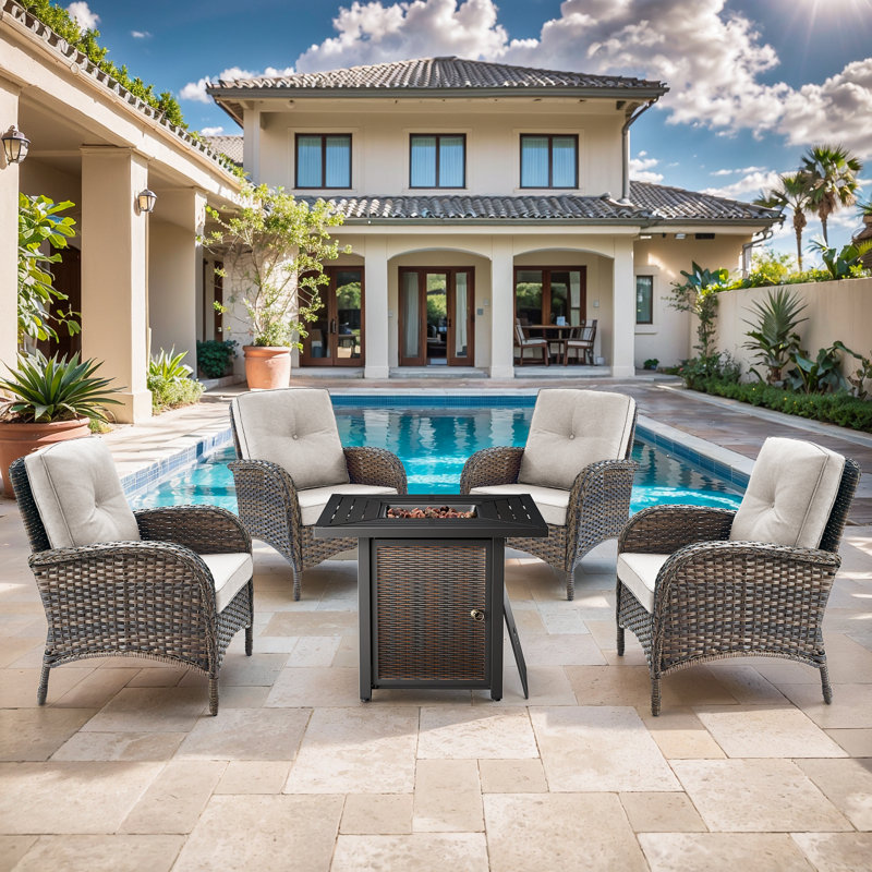 Aluel 5-Pieces Outdoor Wicker Chairs & Square Fire Pit Table Conversation Set With Cushions, Beige
