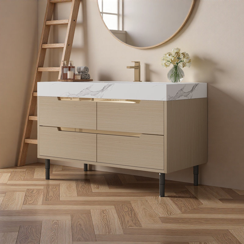 Meuble-lavabo moderne 35,4 po avec lavabo sous comptoir, bois massif multi-couches imperméable, rangement 4 tiroirs, Wood