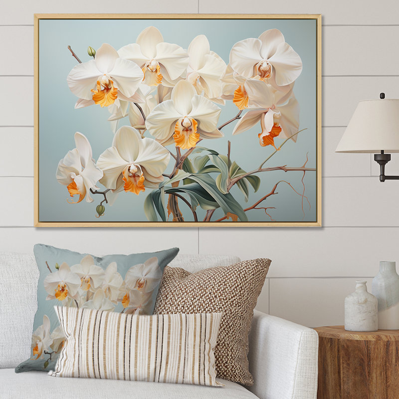 " Beige Orchids Tranquility III ", White Floater Framed, 16" H x 32" W x 1" D