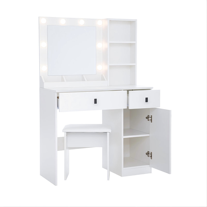Meuble-lavabo de chambre à coucher avec lumières et grands tiroirs - Maquillage blanc à miroir réglable de conception moderne avec miroir rotatif, 2 tiroirs, intensité pour une belle séance