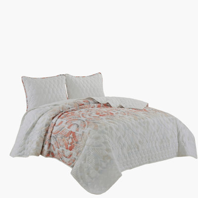 Coral Watercolor Leaf Print Quilted Reversible 3 Piece Bedspread Set，Queen