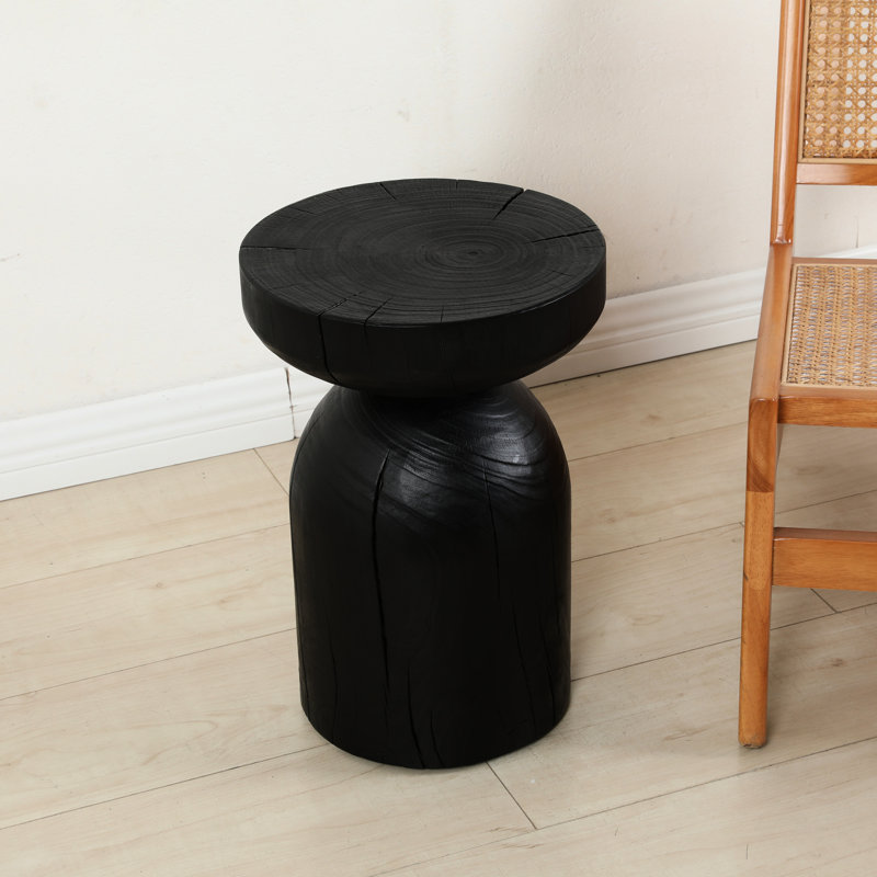 Table de bout ronde en bois de manguier noir massif de 12,4 po x 17,7 po, convenant à la chambre à coucher, entièrement assemblée, avec un design contemporain de 12,4 po de diamètre