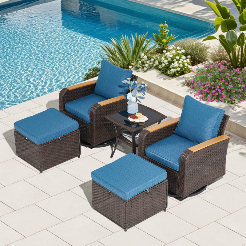 5 Pieces Outdoor Furniture Set With Swivel Chairs, Wicker Patio Furniture For Porch Deck Bistro Lawn Garden Backyard Poolside