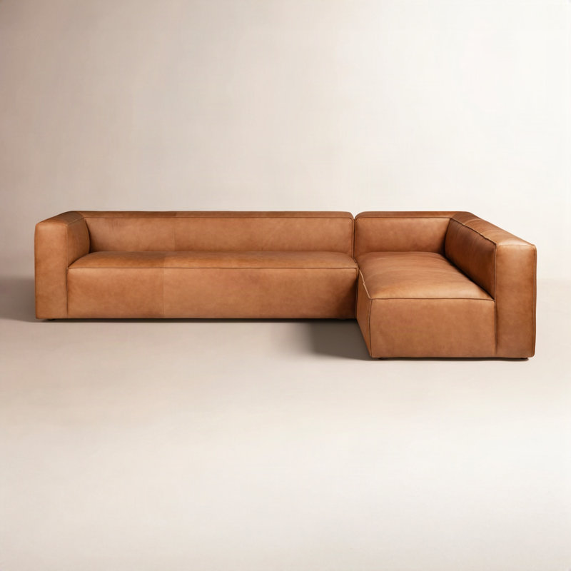 Piazza Genuine Italian Leather Corner Sectional Sofa in Saddle Tan