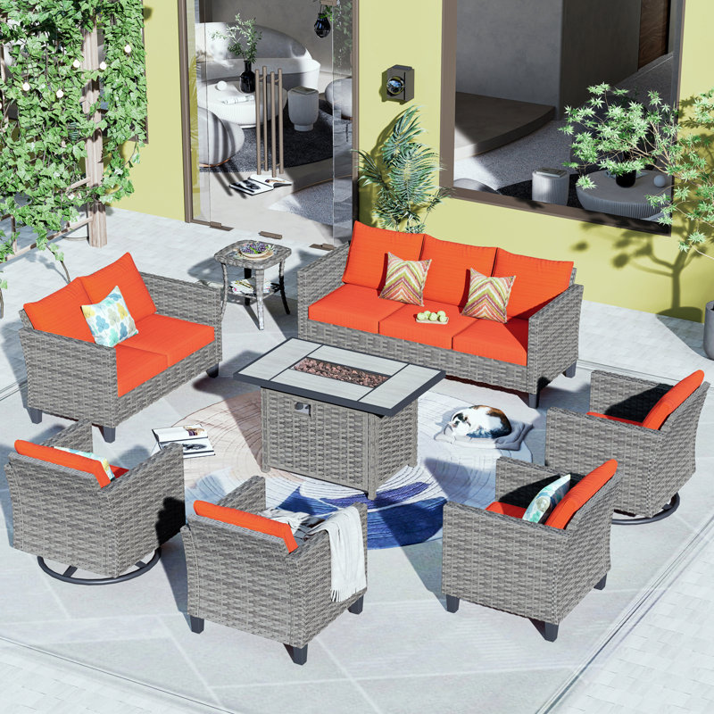9 - Person Patio Conversation Set with Cushions, Orange Red