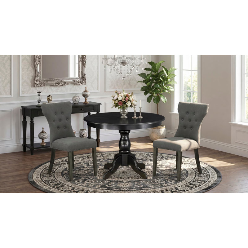3 Piece Dining Set Contains a Round Dining Room Table with Pedestal and 2 Dark Gotham Linen Fabric Upholstered Parson Chairs, Wire brushed Black