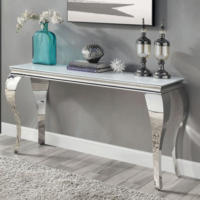 Table de canapé 1 pièce avec plateau en verre blanc et pieds de style cabriole en acier inoxydable