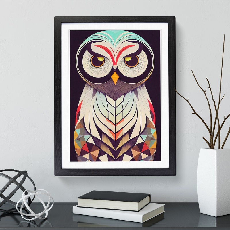 XV1022-4866X Unique Owl Art No.5 Abstract - Print, White, 36cm H x 27cm W, Black Framed Paper