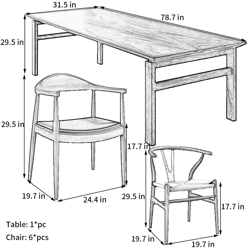 Rectangular Home    Walnut    Dining    Set, 29.5"H x 78.7"L x 31.5"W