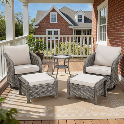 Arcola 5-Piece Outdoor Wicker Enveloping Backrest Swivel Chairs Set With Ottomans & Side Table