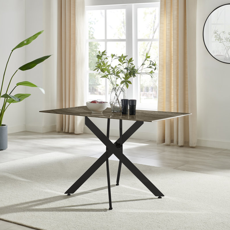 Lenworth Luxury Marble Effect Glass 4 Seater Dining Table - Modern Statement Design, Black, Grey