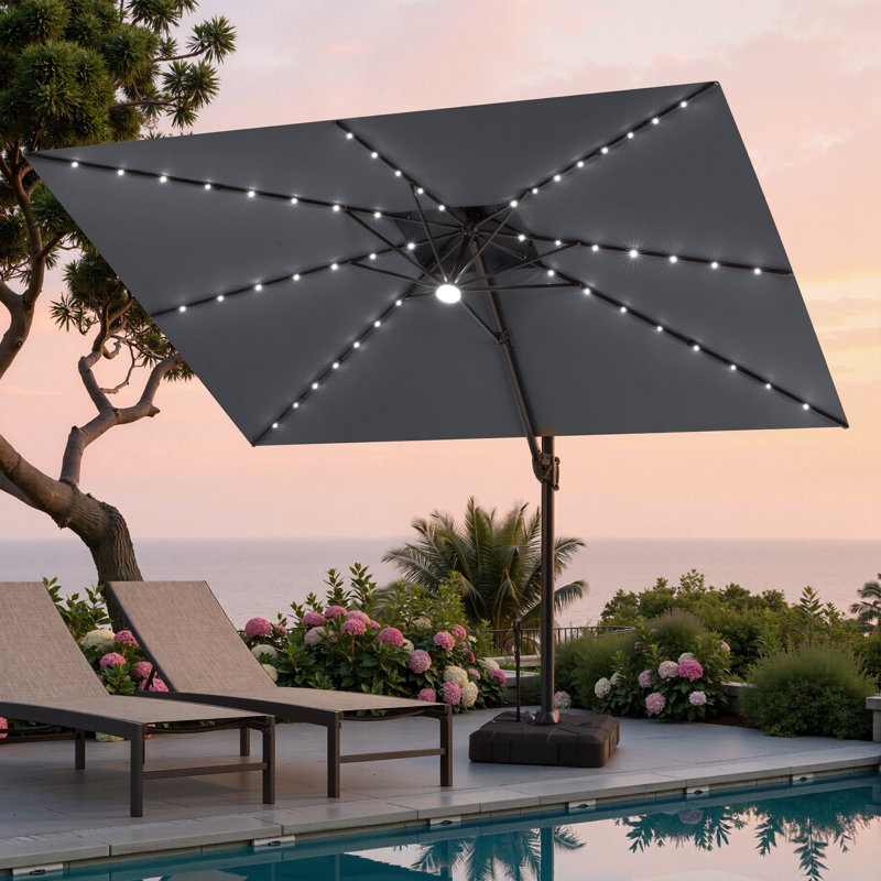 Parasol rectangulaire en porte-à-faux à DEL 12 pi x 9 pi avec base lestée - déplaçable sans effort par une seule personne