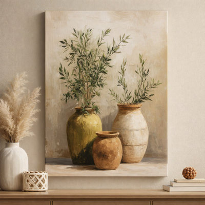 Framed Canvas Wall Art Three Ceramic Vases with Green Plants Botanical Impressionist Oil Painting Style Modern Artwork 24x36 Inch for Living Room Bedroom Office Decor
