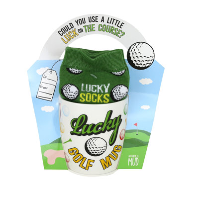 Enesco Notre nom est Mud Lucky Golf 12 oz. Ensemble de tasses et chaussettes fantaisie Bone China