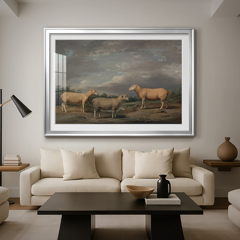 «Three Sheep in a Landscape» par James Ward, reproduction encadrée avec passe-partout et verre début du 19e siècle, Argent