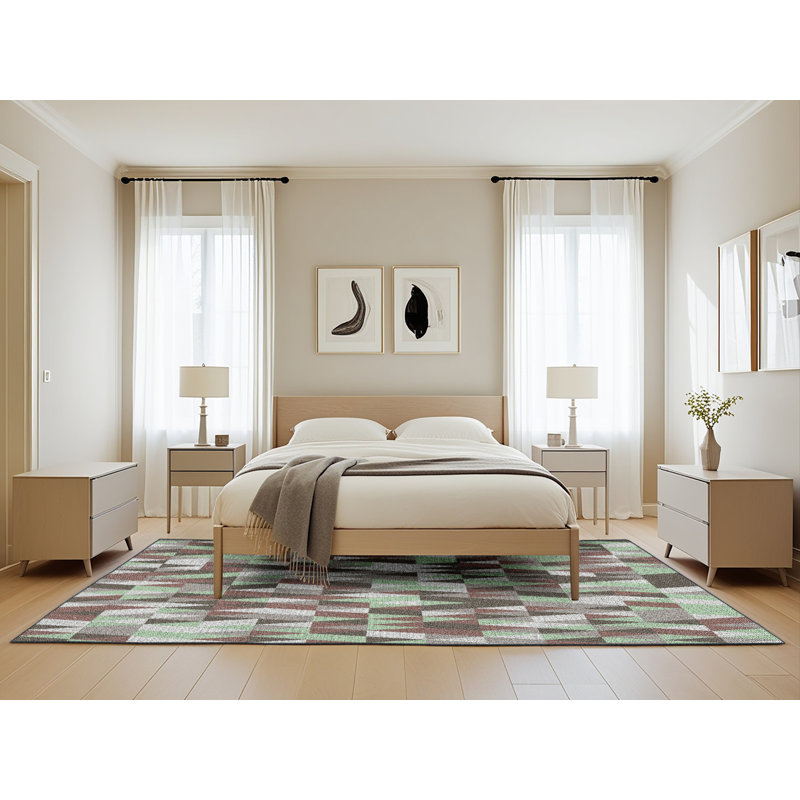 Tapis brun/vert tissé à la machine, Rectangle 5 pi x 8 pi