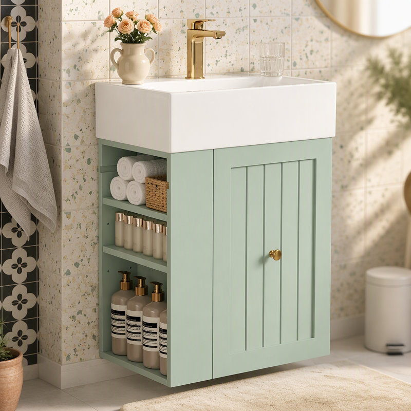 Meuble-lavabo de 20 pouces avec lavabo en céramique, armoire de rangement en panneau de fibres à densité moyenne avec tiroir, tablette latérale et poignée dorée - meuble-lavabo moderne pour les petites salles de bain