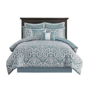 8 Bedding For King. Navy/Silver. Charming Medallion Design. . Embroidered Pillows. All Season Use. Machine Washable. Bed Skirt Included King . Graceful Weave. Filling. Decorative Year-Round Comfort.