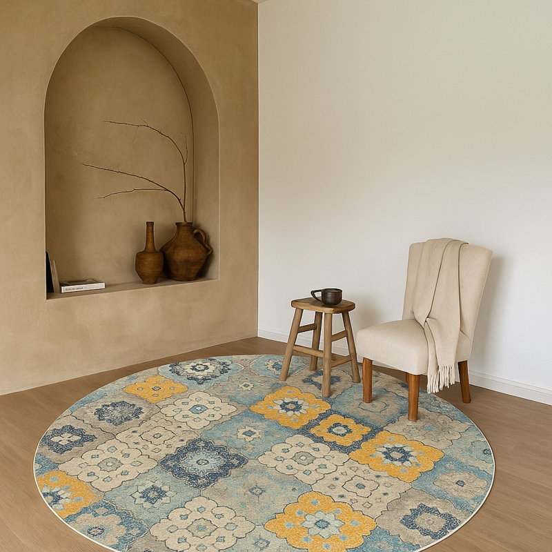 Tapis abstrait bleu / jaune moutarde Kymiere, Rectangle 11 pi 10 po x 18 pi
