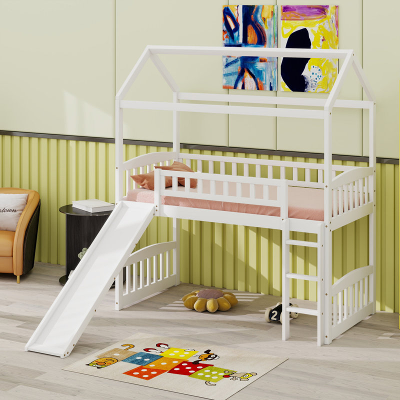 House Loft Bed With Slide, White