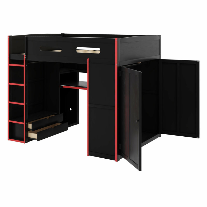 Lit mezzanine en bois avec bureau, garde-robe, grand espace de rangement et lumière DEL RVB, Rouge / Noir