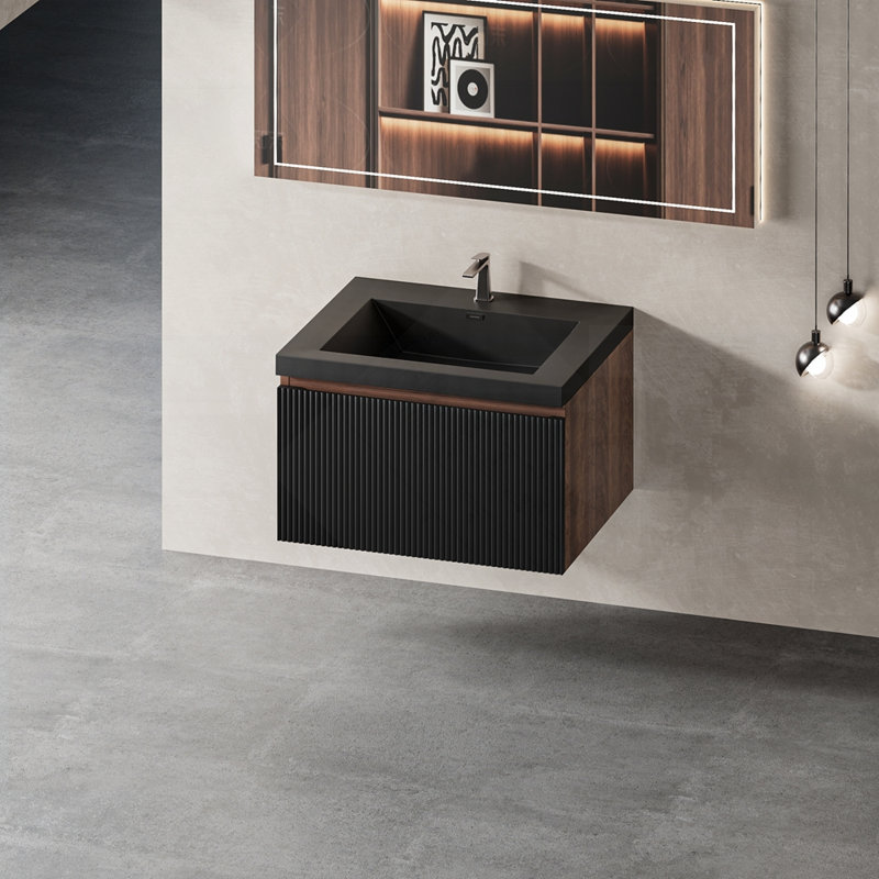 Ensemble de meuble-lavabo flottant avec lavabo, meuble de rangement mural moderne à rayures et tiroirs à fermeture en douceur, cuve à sable en quartz noir
