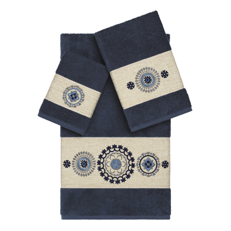 Isabelle100% Turkish Cotton Embellished 3 Piece Towel Set, Midnight Blue