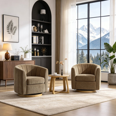 31.1'' Wide Chenille Upholstered Channel Tufted 360° Swivel Barrel Chair With Solid Wood Base(Set Of 2)