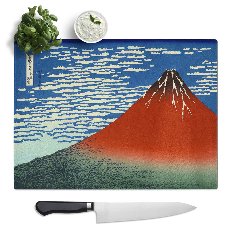 Hokusai Japanese Oriental Red Mount Fuji  Glass Chopping Board