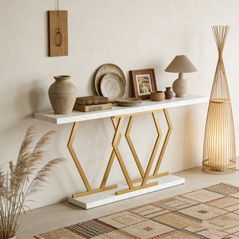 Table console moderne avec plateau en imitation marbre, Or blanc