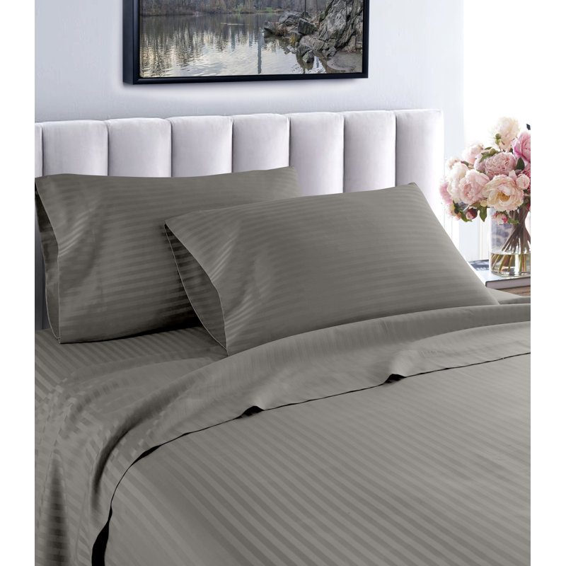 100% Cotton Striped Sheet Set, Gray, Twin XL Sheet Set + Fitted Sheet + 1 Pillowcase