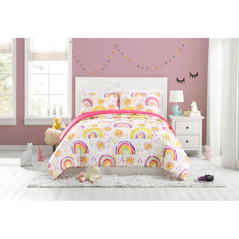 Full Pink Microfiber Reversible Comforter Set with Rainbows and Suns