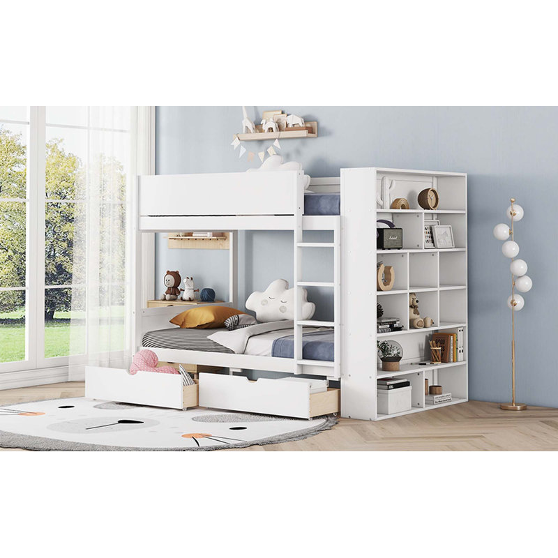 Lit superposé avec 2 tiroirs et armoire à couches multiples, Lit simple, Blanc
