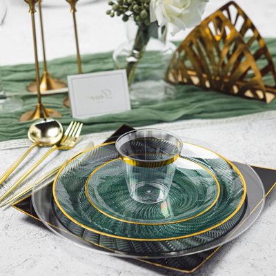 180 PCS Green Disposable Plastic Dinnerware Set with Gold Rim for 30 Guests
