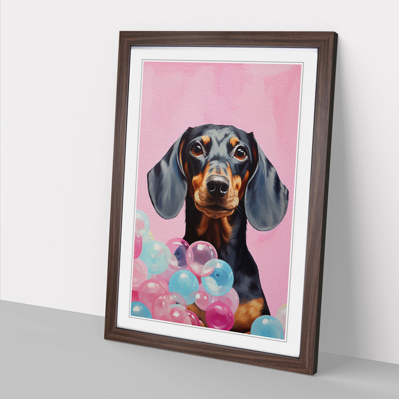 Dachshund Bubble Gum No.3 - Single Picture Frame Print on Wood, Walnut, 64cm H x 46cm W x 2cm D