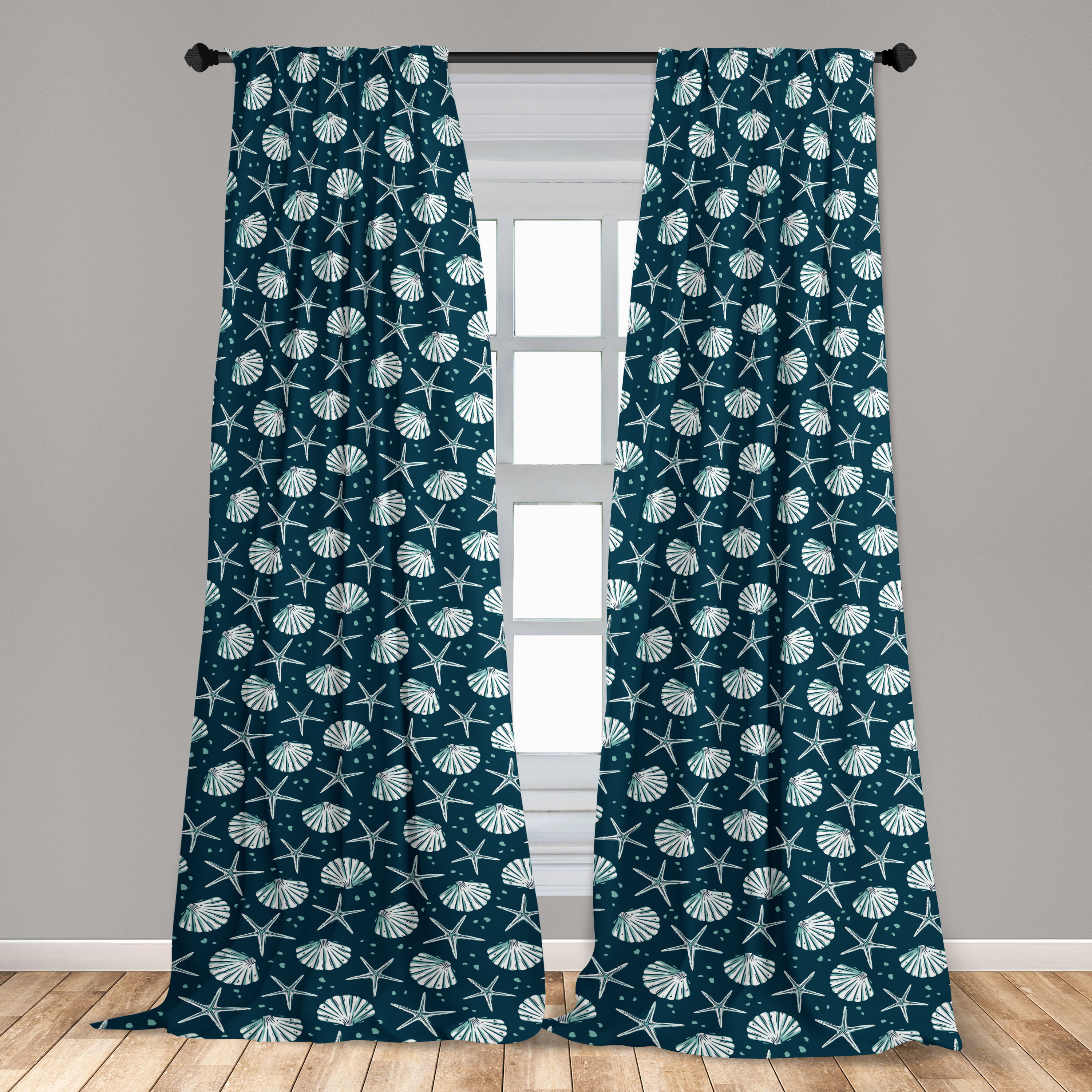 East Urban Home Marine Curtains Coastal Seashell Starfish Pair of Pale Petrol Blue Eggshell ...