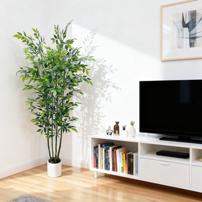 Arbre à ficus artificiel 6 pi, plante en fausse feuille de ficus en soie 71 po avec pot de fleurs en céramique blanche