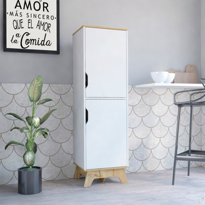 Pamplona Microwave Tall Cabinet Counter Surface, Top And Lower Double Doors Cabinets -Light Oak / White