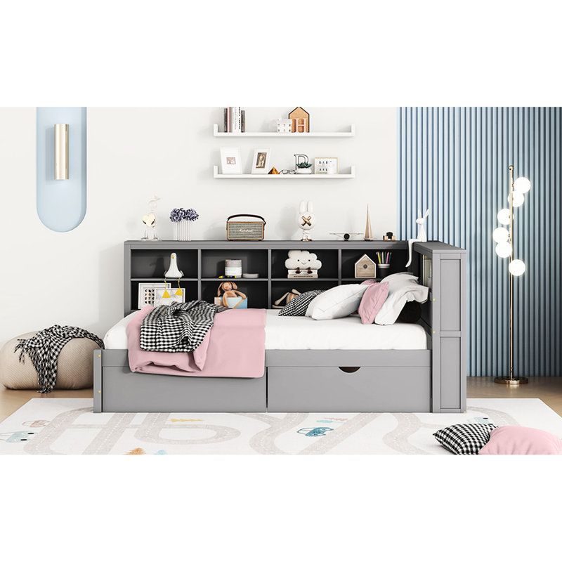Lit de jour en bois avec abat-jour gris, 2 tiroirs et 2 tablettes de charge, format double