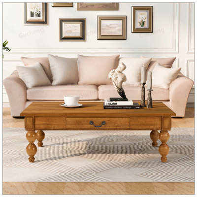 Vintage Rectangular Wooden Coffee Table with Storage Drawer and Gourd-Shaped Legs for Elegant Living Room Decor