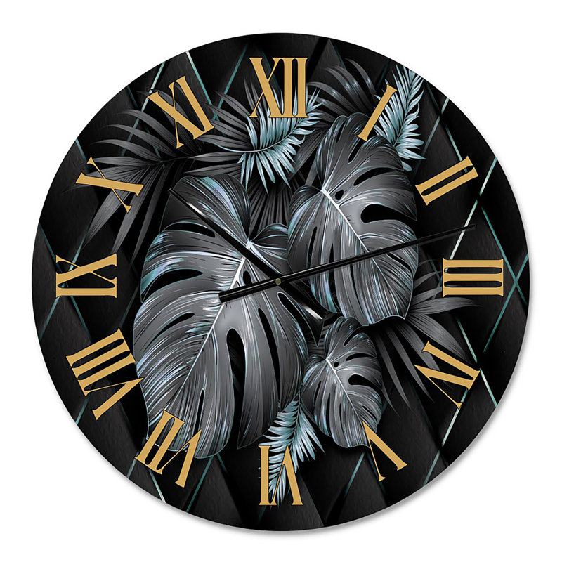 Feuilles tropicales noires et dorées I - Horloge murale moderne, Grand