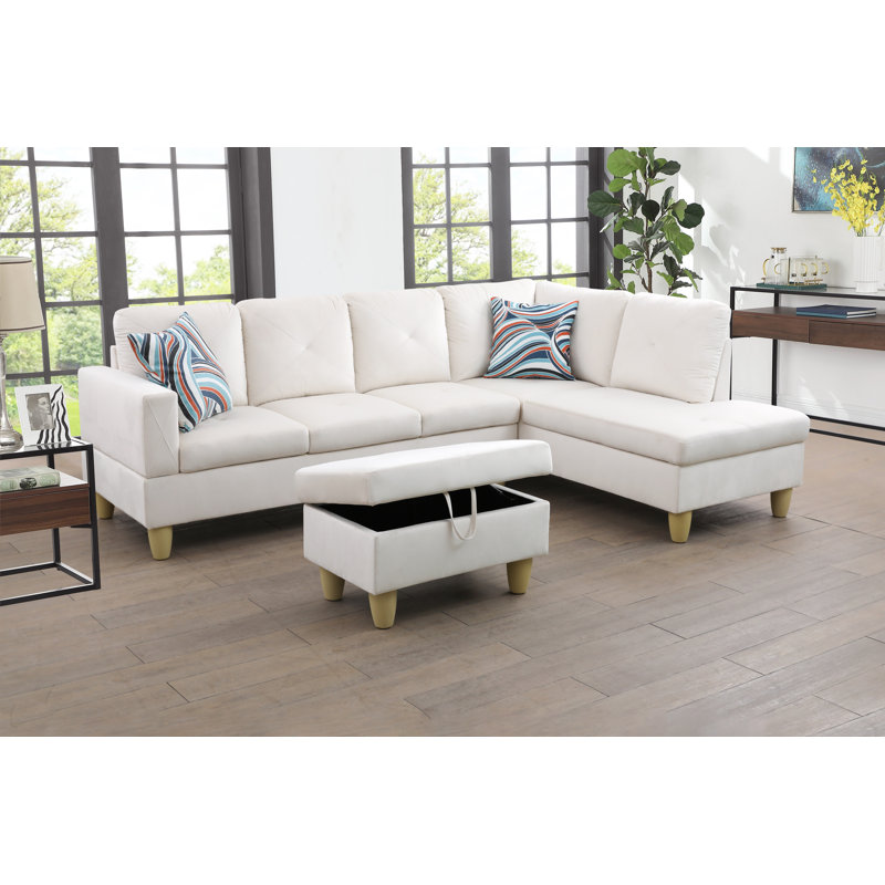 980-SCO-MICROFIBER Upholstered L-Shaped Sectional, Right Hand Facing, Cream Microfiber