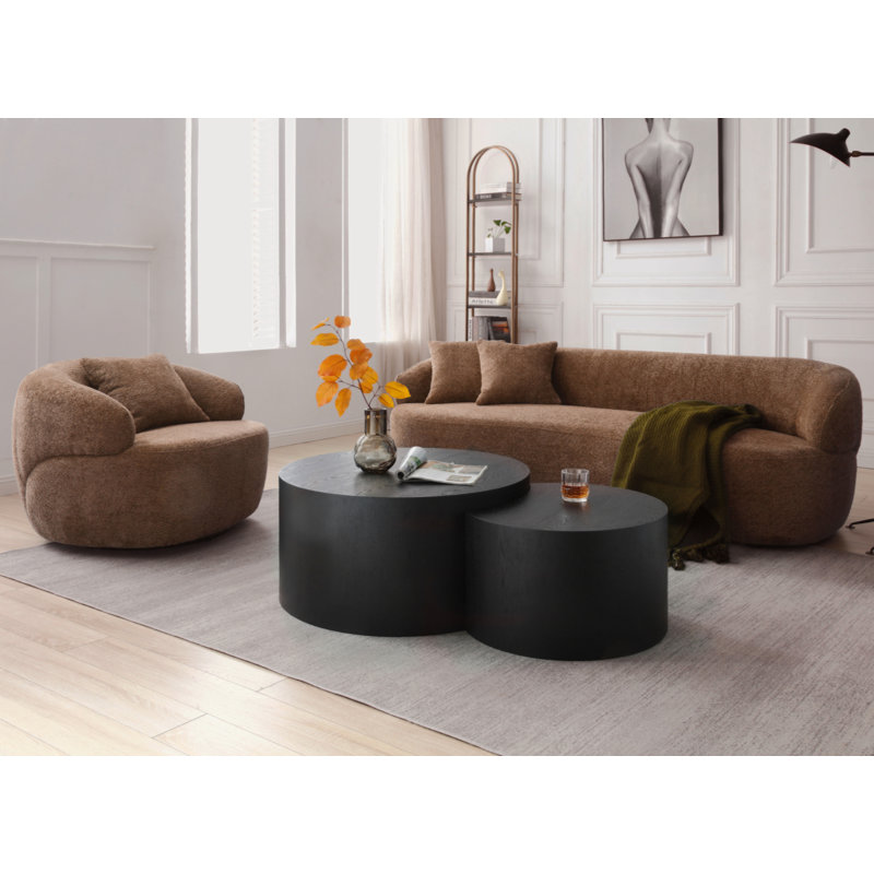  Rianon 360° Swivel Mid Century Modern Curved Sofa, 1-Seat Fabric Cloud Couch Boucle Sofa with Pillow, Brown